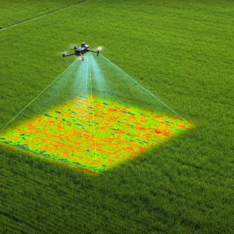DJI T50 Drone flying over lush green agricultural fields.